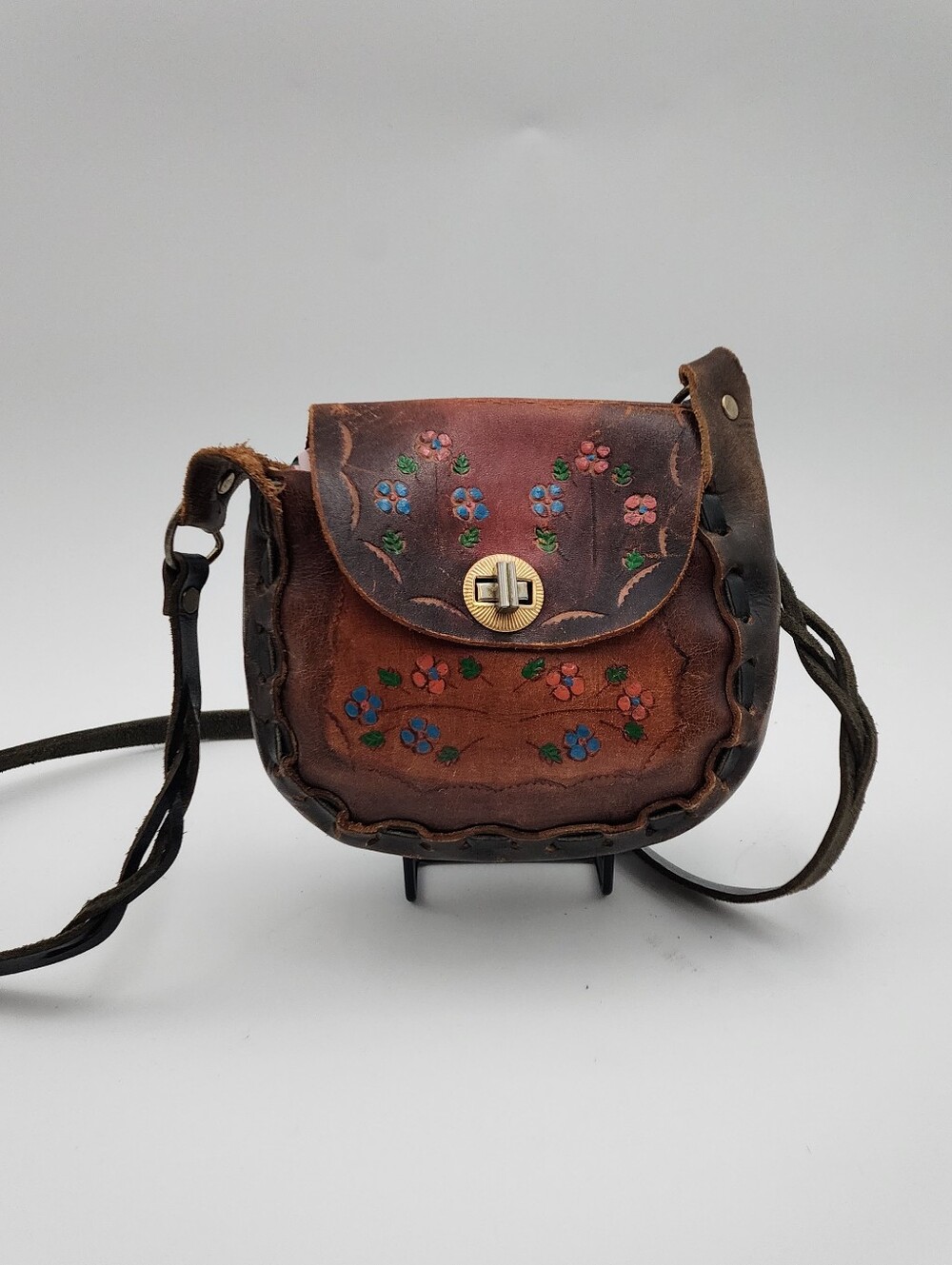 Handmade Tooled Leather Shoulder Bag w/ Embroidered Floral Design